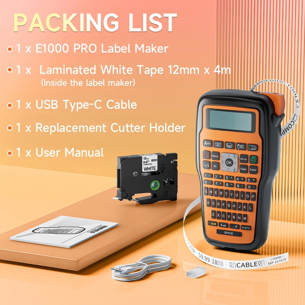 Portable Label Printer E1000 PRO Label Maker Machine with Tape USB-C for Power Multiple Font Icon for School Office Organization