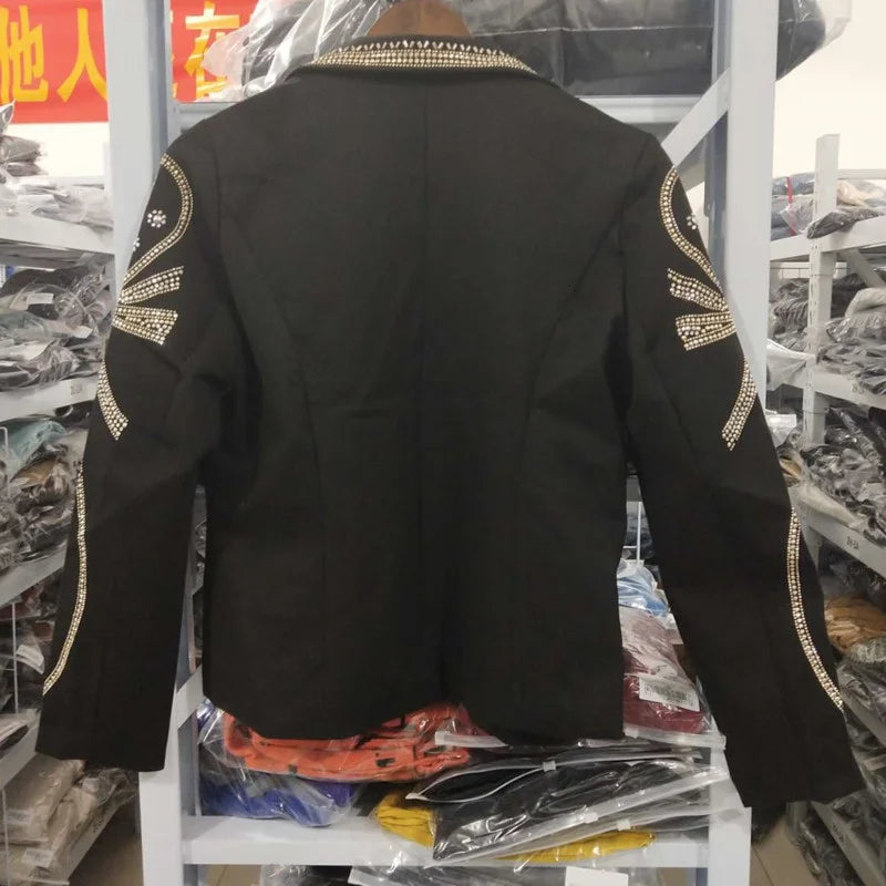 DEAT 2024 New autumn Turn-down Collar Full Sleeves Metal Beaded No Buttons Short jackets Female Single Suit WF18501L Black