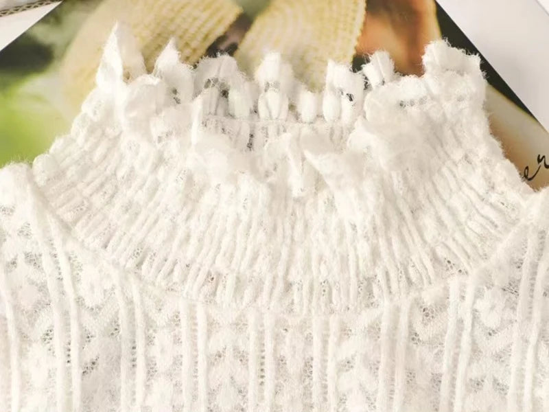 Lace Half Turtleneck Knitted Sweater Women Fall Winter Thick Warm Long Sleeve Pullover Korean Chic Slim Hollow Out Jumper New