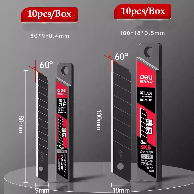 Deli Heavy Duty Utility Knife Sharp Black SK5 Carbon Steel Blades 9mm/18mm/Auto-Retractable Box Cutter for Cardboard Cartons