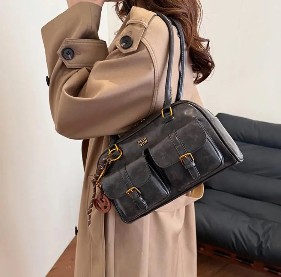 Women Multi Pocket Shoulder Tote Bag with Golden-Tone Hardware & Letter, Stylish Handbag Purse for Travel, Work, Shopping, Dates