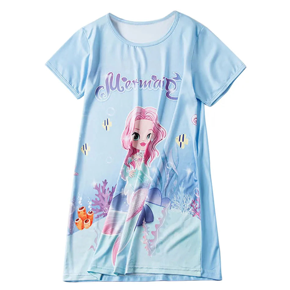 Girl Mermaid Dress Children Short Sleeve Summer Princess Dress Breathable Cartoon Print Girls Soft Silk Nightgown Kids Sleepwear