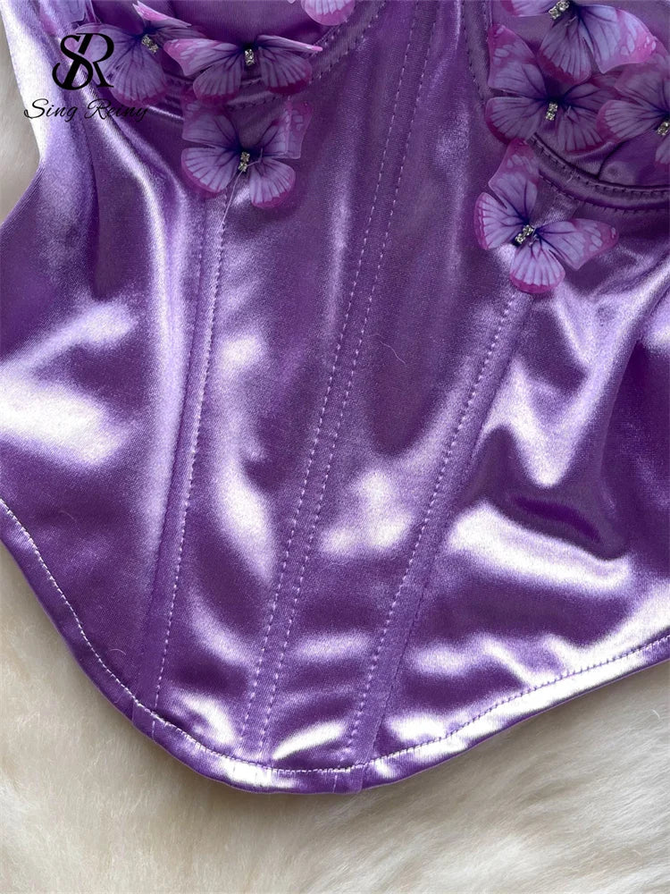 SINGREINY 3D Butterfly Satin Sexy Top European Sleeveless Fishbone Corset 2024 Female Senior Streetwear Hotsweet Strapless