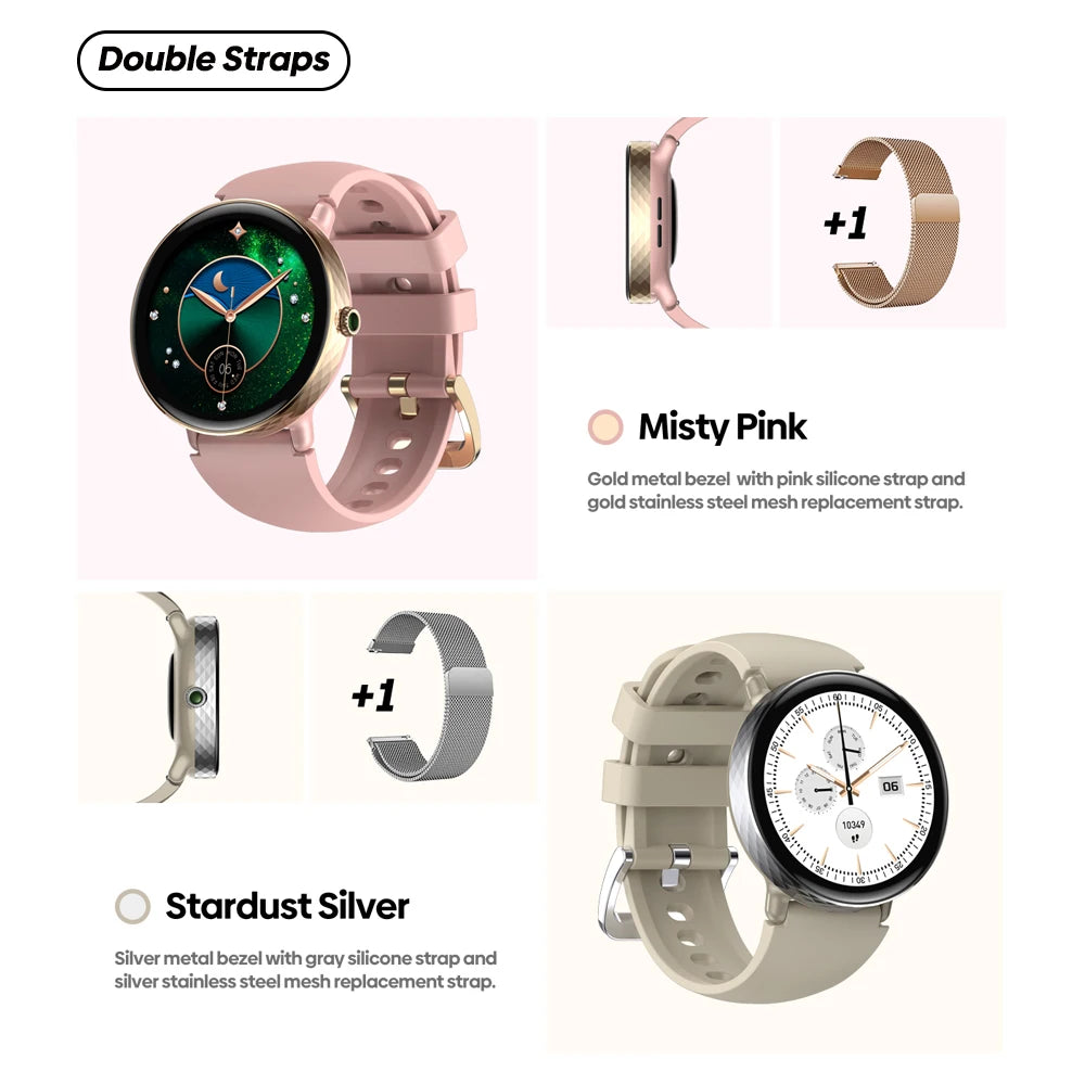 NEW 2025 Zeblaze Lily 2 Bluetooth Calling Smartwatch 1.2" AMOLED Screen Double Straps Health Monitoring Smart Watch for Women