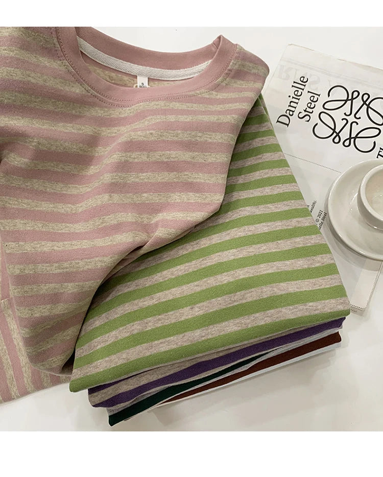 Summer Short Sleeve Striped T-Shirts Versatile Women Knitted Basic Casual Tops Female Cozy Loose Cotton Tees 2023 Harajuku Shirt