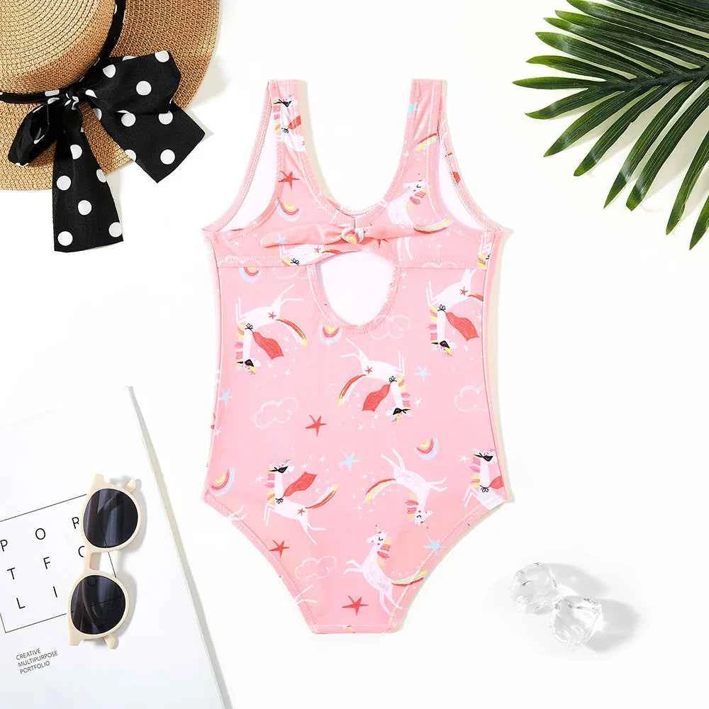 Girls' one-piece cartoon print swimsuit, children's polka-dot animal one-piece swimsuit with hollow back, beach wear