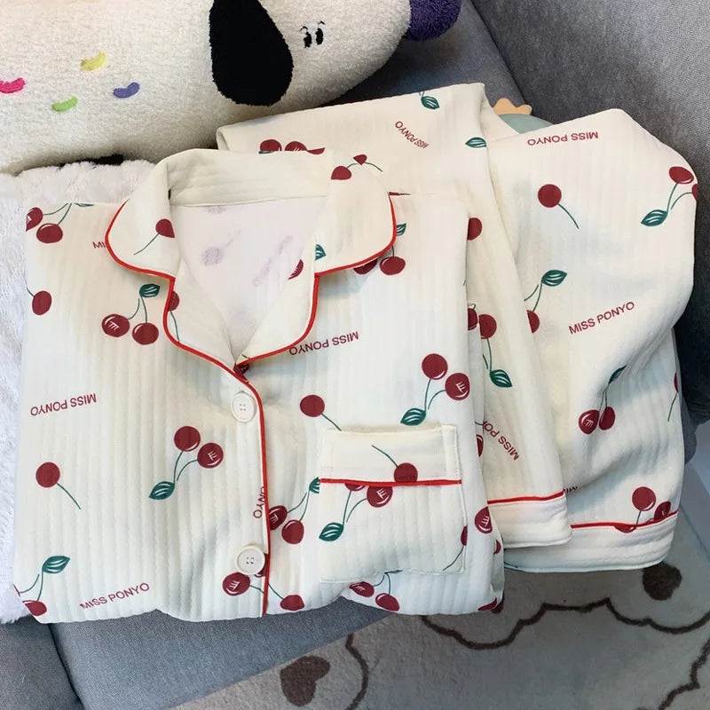 Korean Style Colourful Dot Women's Sleepwear Set 2025 Autumn Winter New Pajamas Set Cute Lapel Neck Casual Homewear 2PC Suit