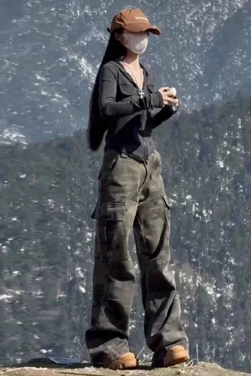 Y2k Clothes Jeans For Woman High Waist Flare Trousers Camouflage Cargo Wide Leg Straight Winter New Pants Slim Fit Fashion