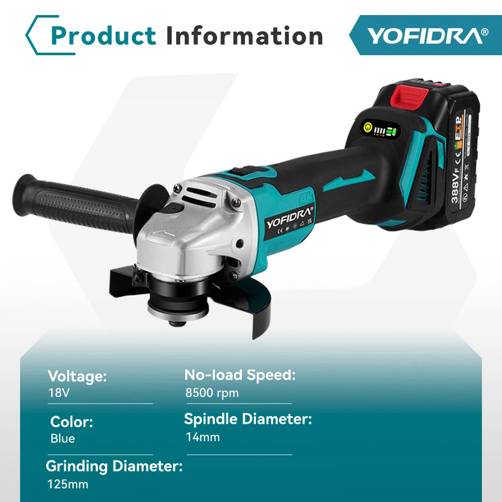 YOFIDRA 4 Gears Brushless Angle Grinder 125mm Cordless Cutting Polishing Cutting Machine Power Tool For Makita Battery Pin