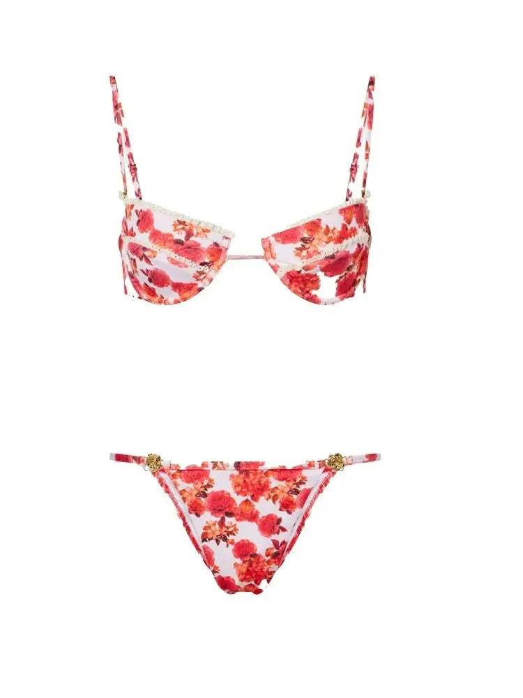 Print Bikini Swimsuit and Cover Up Bikini Set Women Sexy Lace Swimwear High Leg  Bathing Suit Beachwear Biquini