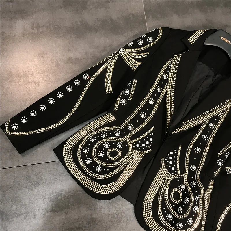 DEAT 2024 New autumn Turn-down Collar Full Sleeves Metal Beaded No Buttons Short jackets Female Single Suit WF18501L Black