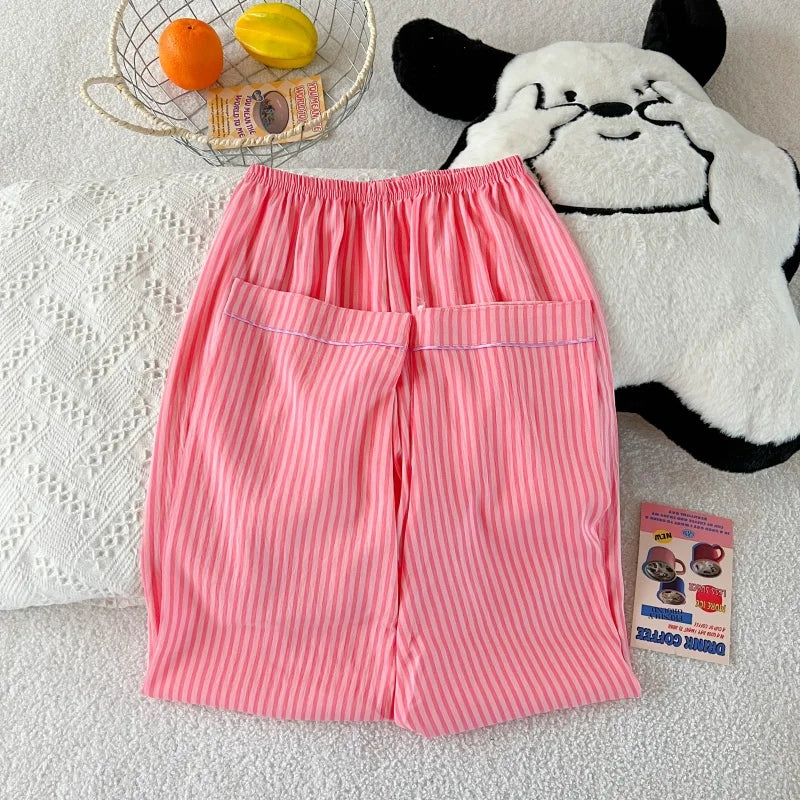 Embroidery Letter Pajamas Set Striped Rabbit Print Autumn Long Sleepwear Home Suit 2025 Lapel Neck New 2 Pcs Women's Pajamas