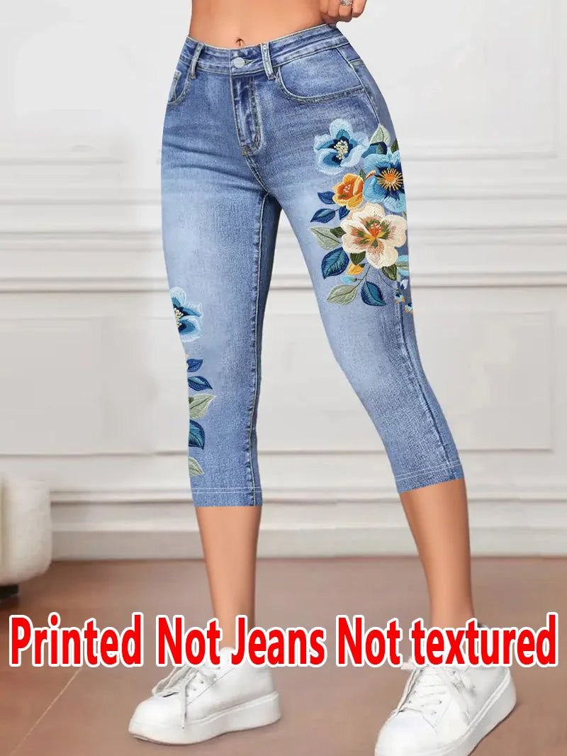 Women’s Floral High-Waist Capri Leggings – Stretch Knit