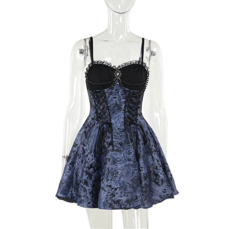 2024 New Vintage Gothic Purple Mini Dress Women Sexy Spaghetti Strap High Waist Dresses Punk Grunge Slim Party Club Dress Women