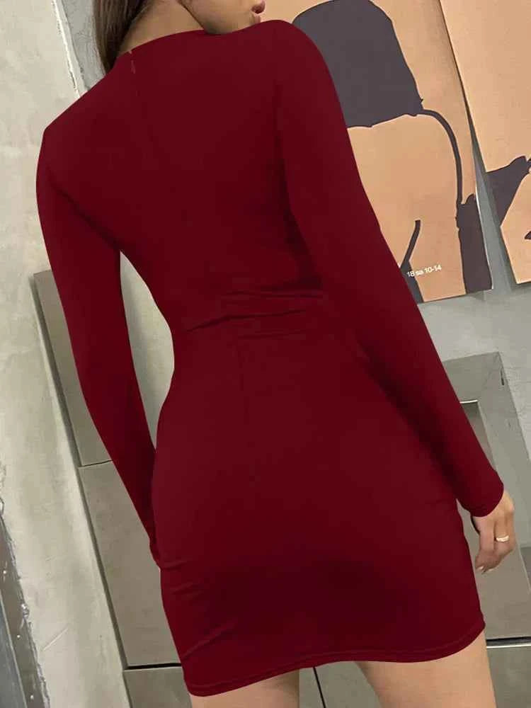 2025 Autumn Sexy Ruched Irregular Long Sleeve Dress Women's Turtleneck High Waist Slim Fit Dresses
