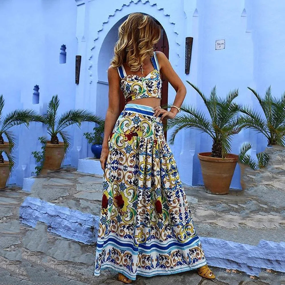 Bohemian Style Print Skirt Two Piece Set For Women Sexy Crop Camisole Casual Beach Holiday A-line Skirts 2 Piece Sets Female New