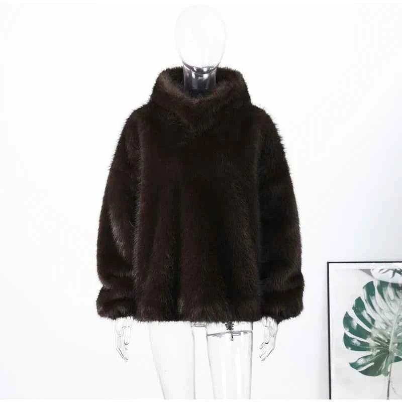 Women Solid Faux Fur Hooded Pullover Casual Full Sleeve Warm Loose Thick Tops Lady New Daily Chic Elegant Winter Outwear 2025