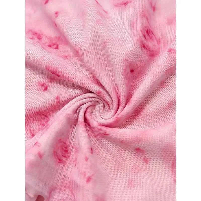 Women's T-Shirt Floral Printed Sweet V-Neck Mesh Summer Vacation Swimsuit Top Flare Long Sleeve Bow Tie Lace Up Woman Clothing