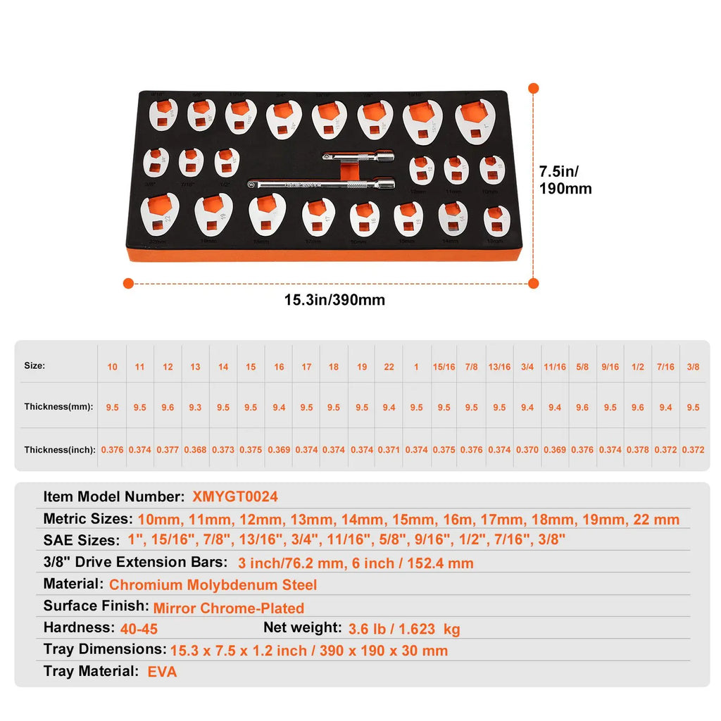 24-Piece 3/8\" Drive Crowfoot Wrench Set with 2 Extensions SAE 3/8\"-1\" Metric 10-22 mm CR-MO St Material