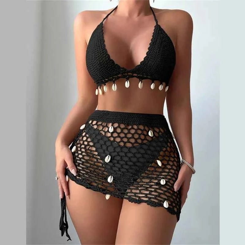 Women's 2 Piece Crochet Swimsuit Halter Bikinis Top and Cover Up Beach Skirt Set