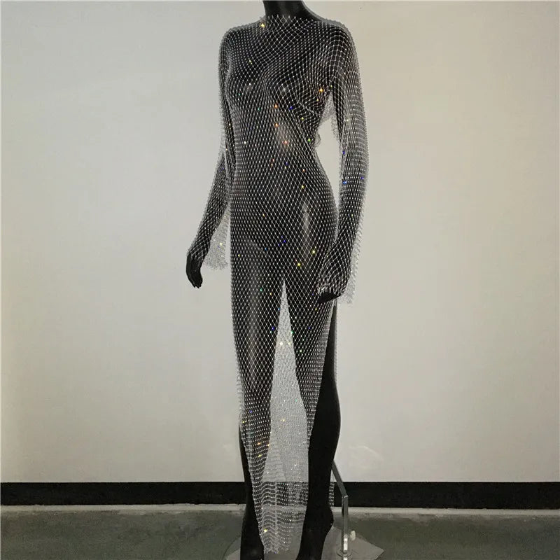 Y2K Sexy Shiny Rhinestones Grid Fishnet Dress Long Sleeve Hollow Out Side Slit Dress Beach Cover Up Breathable Lady Vestidos