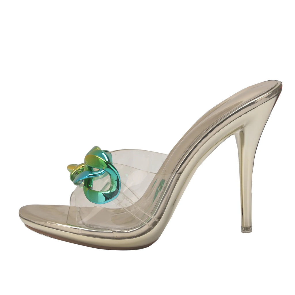 2022 New Diamond Chain Women Pumps Slippers Thin High Heels Party Shoes Fashion Solid Color Summer Dress Sandals Shallow Mouth
