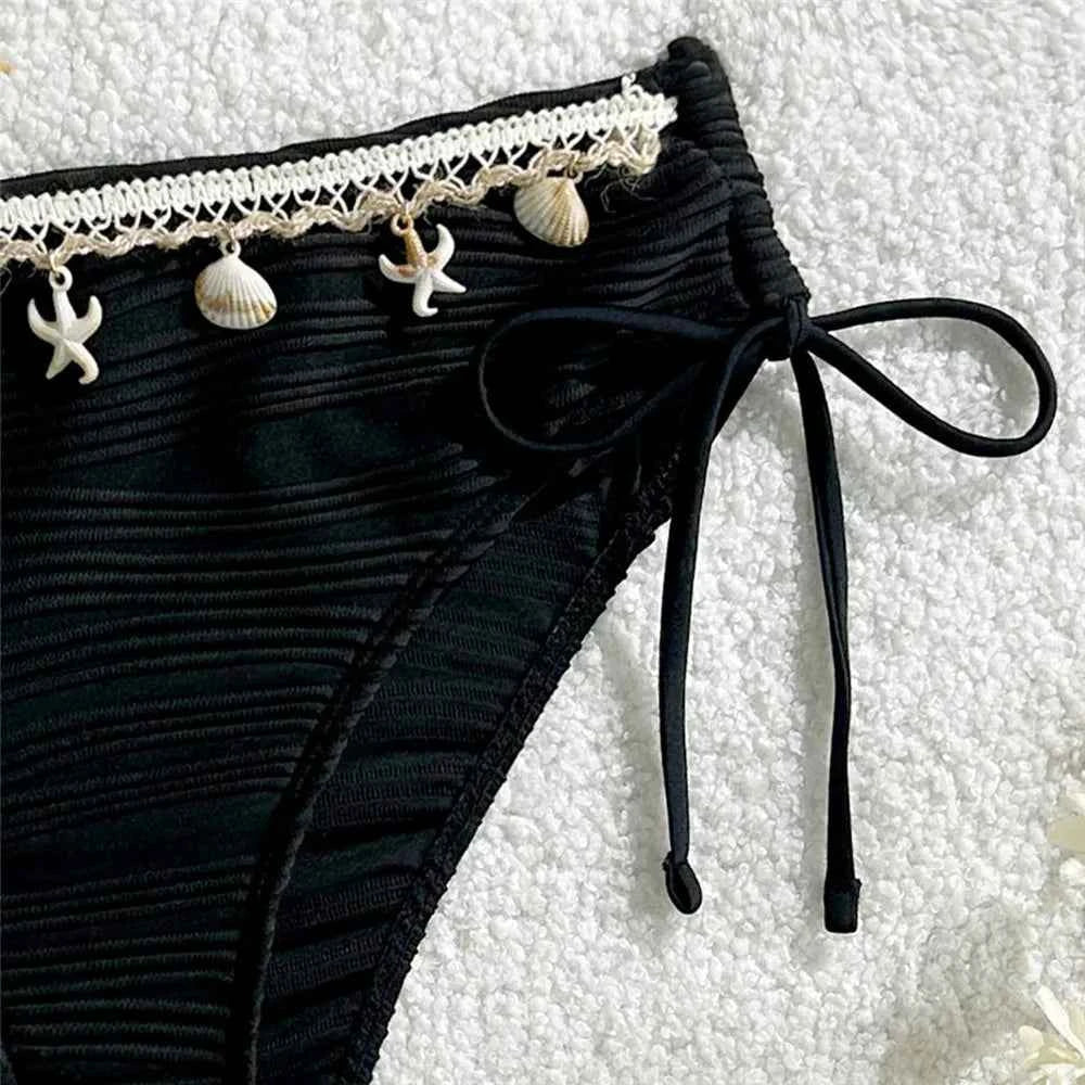 Shell Starfish Edge Bandeau Bikinis Sets Yellow Texture Solid Swimwears Sexy Swimsuit Women 2026 Lace-up Bathing Suit Bikini