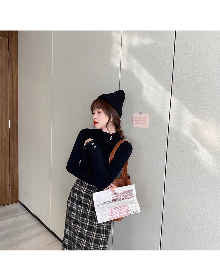 2026 Knitted Women Sweater O-neck Button Pullovers Autumn Winter Basic Sweaters for Female Pullover Slim Solid Bold Lace Tops