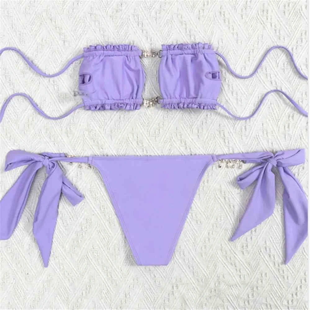 Sexy Rhinestone Chain Micro Thong Bikini Women Swimwear Ruffled Bandeau Swimsuit Knotted Bathing Swimming Suit Bikinis Sets 2026