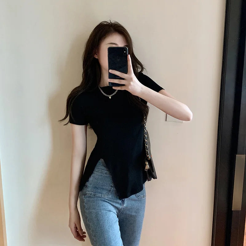 Korean Solid Slit Design Short Sleeve Tee Summer Y2K Streetwear Sexy Top New American Fashion All-match Top for Women