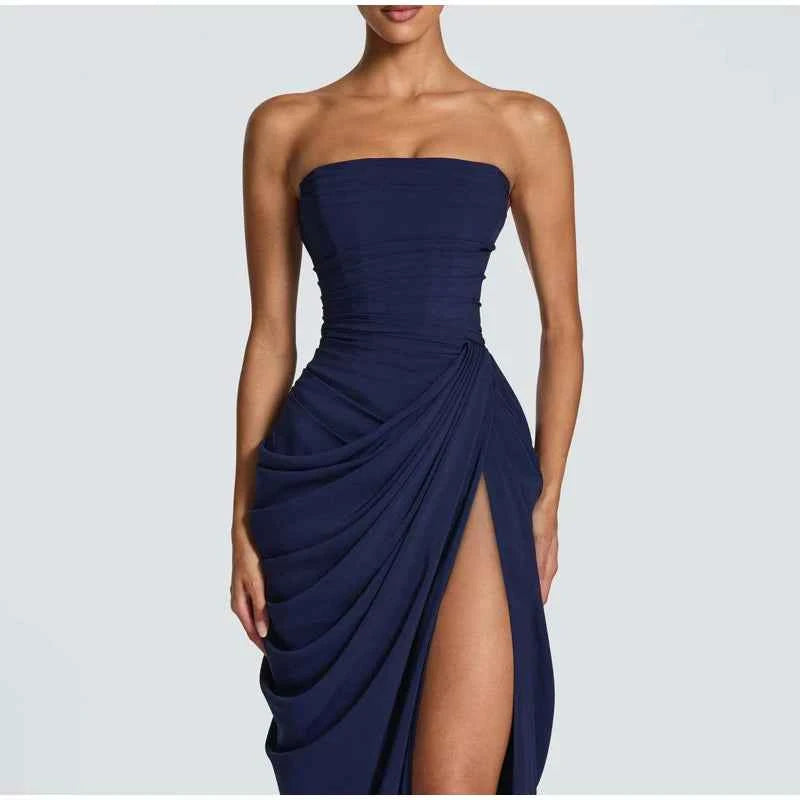 Lady Sexy Strapless Split Solid Pleated Dress Women Chic Backless High Waist Off-shoulder Dresses 2026 New Evening Party Gowns