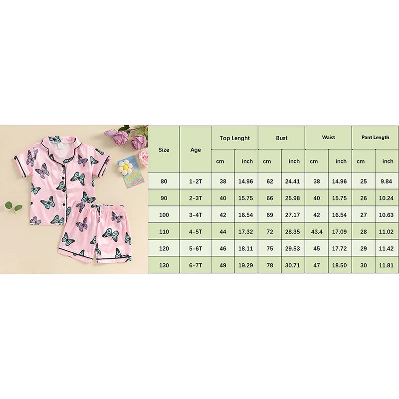 Kids Girls Summer 2PCS Pajama Sets Short Sleeve Lapel Shirt Butterfly Print Pants Loose Sleepwear for 1 Years to 7 Years