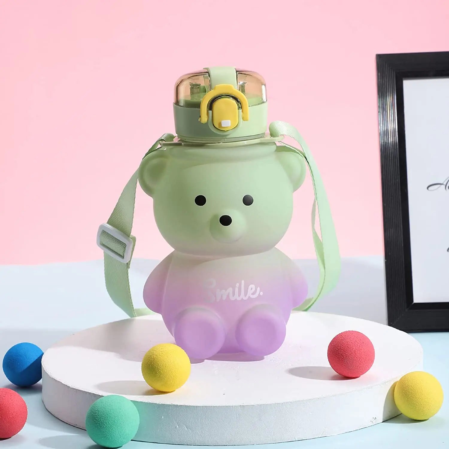 Bear Water Bottle 800ml Cute Kawaii Teddy Bear Water Bottle with Straw & Strap Leak-Proof Drinking Cup Gift for Kids & Girls