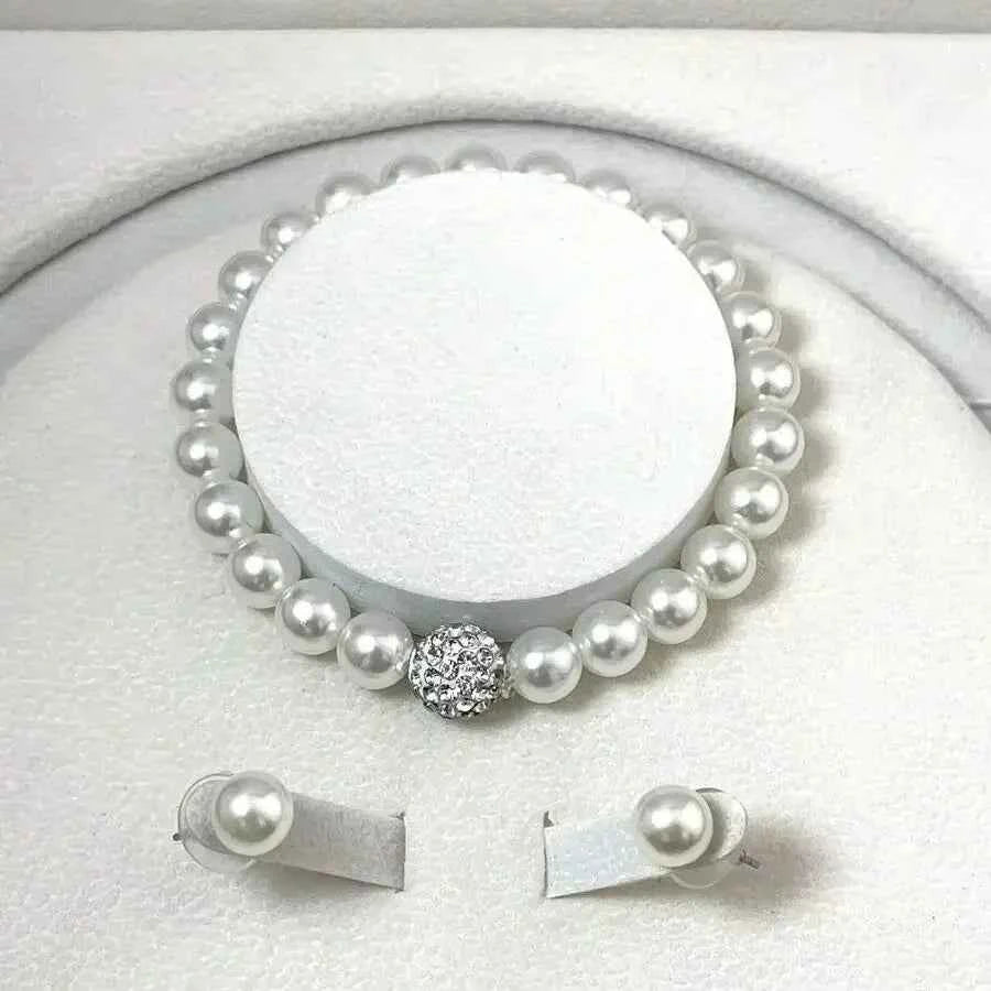 3 PCS Imitation Pearl Fireball Necklace Bracelet Earring Stud Jewelry Set Silver Color Crystal Stone Elegant Bridal Jewelry Gift