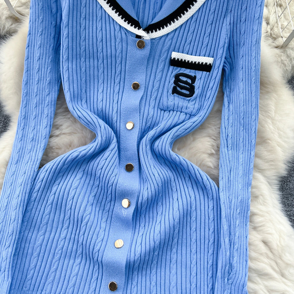 SINGREINY Autumn Winter Wear Dress Women Polo Single Breasted Pocket Design Bodycon Knitting Temperament Sweater Long Dresses