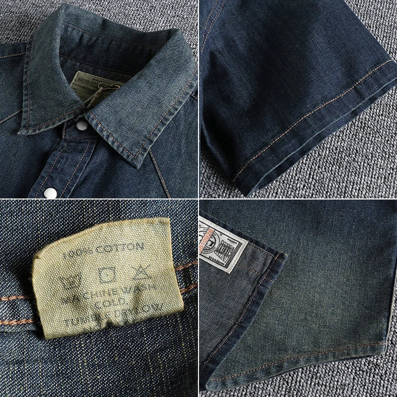 Summer New American Retro Short Sleeve Lapel Denim Cargo Shirt Men's Fashion Pure Cotton Washed Old Multi-pocket Casual Blouses