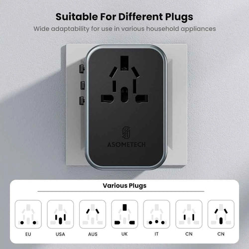 ASOMETECH 65W GaN International Travel Adapter PD3.0 QC3.0 PPS 3 USB GaN Fast Charging Adapter with EU AU US UK Plug for Travel