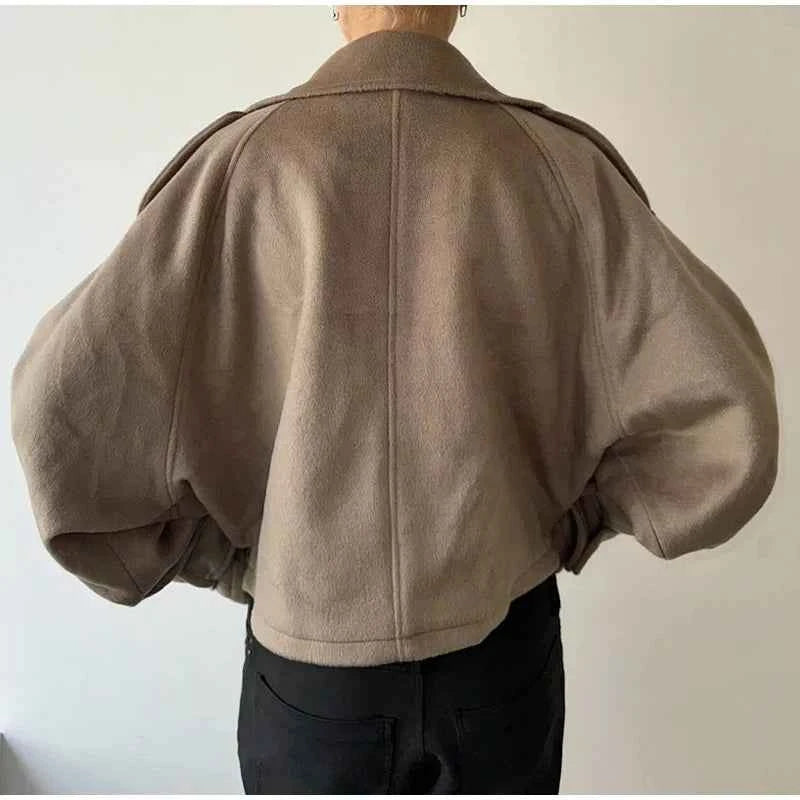 Elegant Women's Short Woolen Coats Stand Collar Double Breasted Long Sleeve Female Jacket 2025 Autumn Winter Lady Warm Outwear