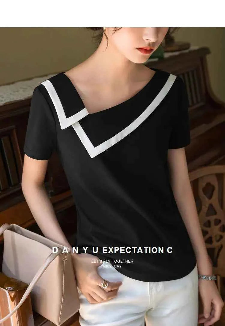 French Haute Couture Niche Design Black White Panelled Diagonal Neck Short Sleeved T-shirt Women's Patchwork Fashion Slim Top