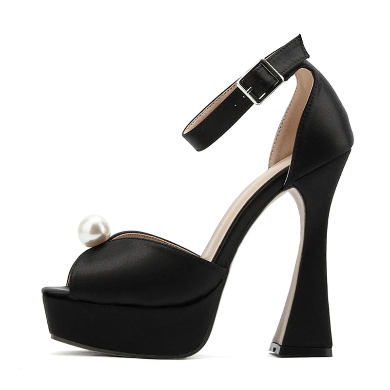Liyke Brand Fashion White Black Chunky Platform Sandals Women Pearl Design Square Toe Super High Heels Elegant Party Prom Shoes