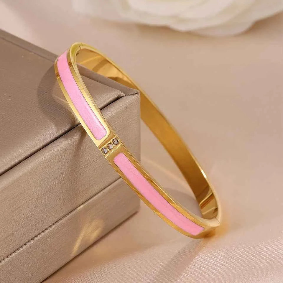 Yupsk New Pink Black Enamel Stainless Steel Bracelet for Women No Fade Color Bangle Trendy Jewelry Accessories Gift