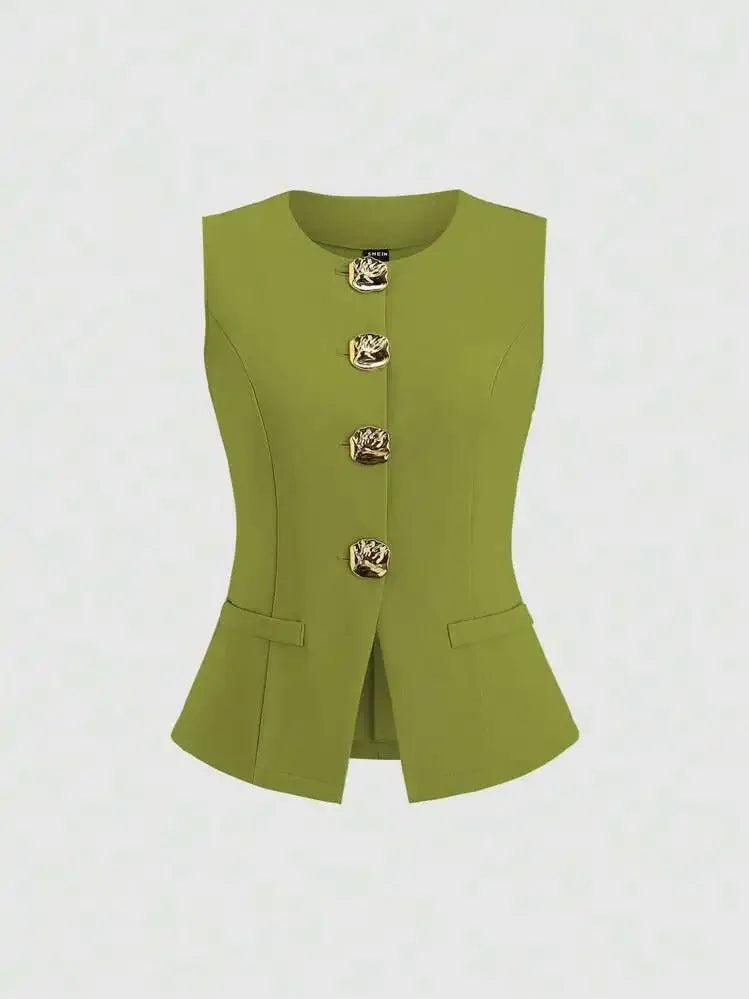 Fashionable Little Fragrance Style Women's Sleeveless round Neck Vest Waist-Cinching Pure Color Cross-Border Women's Jacket
