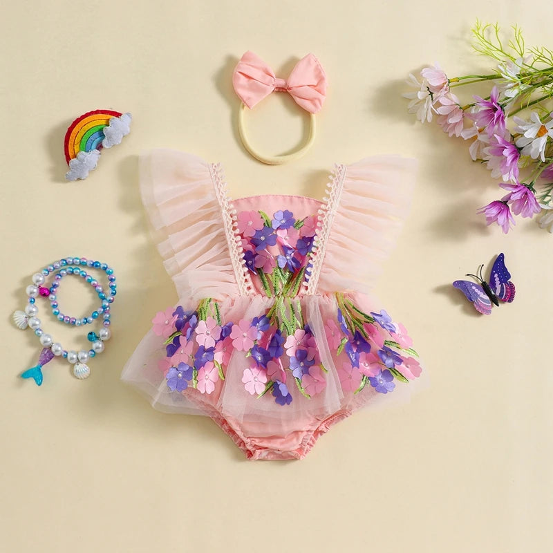 Baby Girl Princess Romper Dress Cute Summer Ruffle Sleeveless 3D Flower Tulle Tutu Rompers with Headband 2Pieces Infants Outfits