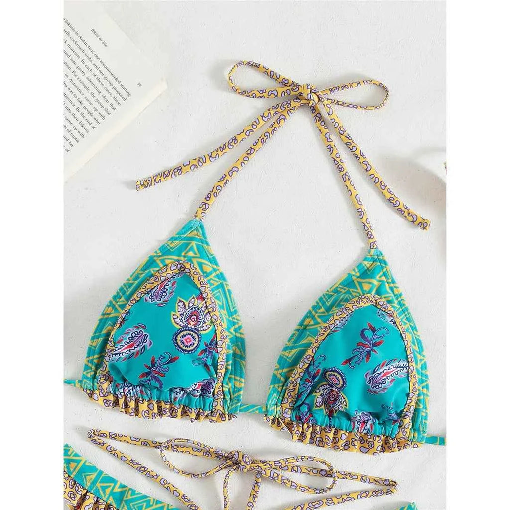5 Colors Sexy Printed Halter Frilled Bikini Women Swimwear Female Swimsuit Two-pieces Bikini set Bather Bathing Suit Swim V4651