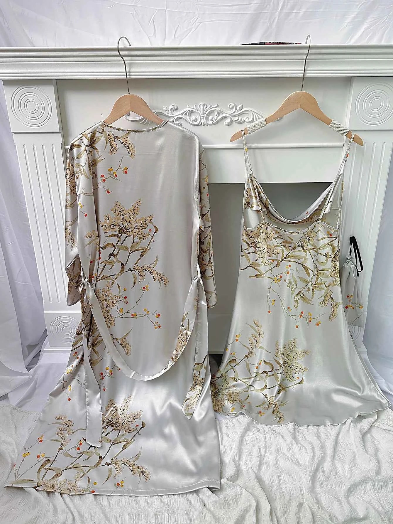 Floral Print Pajama Set Long Sleeve Robe With Belt   V Neck Slip Dress  Women's Sleepwear  Loungewear