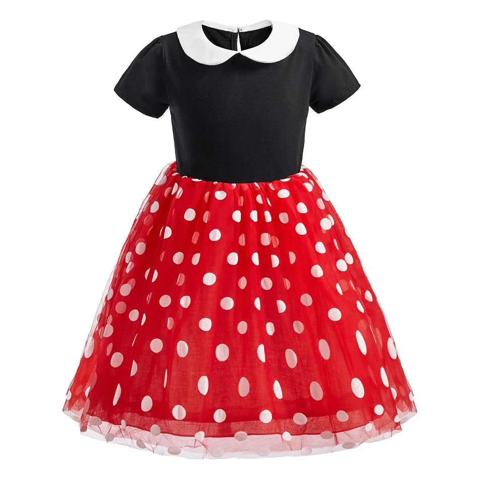 Children Casual Clothes Summer Short Sleeve Dots Girls Dress Kids Peter Pan Collar Cute Birthday Costume with Mouse Ear Headband