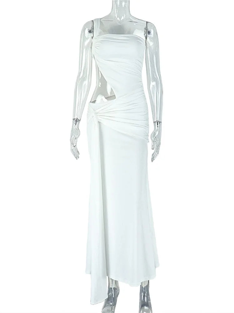 Weird Puss Irregular Hollow One Shoulder Maxi Dress Women Skew Collar Backless Ruched Kink Ribbon Prom Party Elegant Vestidos