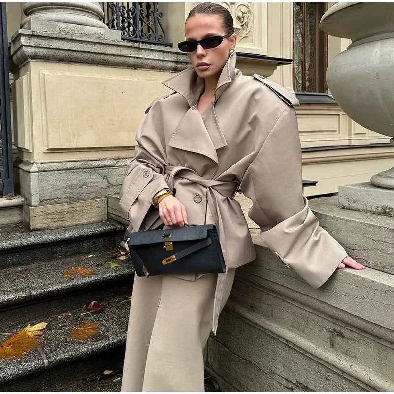 Cropped Lace-up Blue Casual Trench Coat Women Lapel Long Sleeve Wide Shoulder Windbreaker Jacket Fall Commute Daily Streetwear