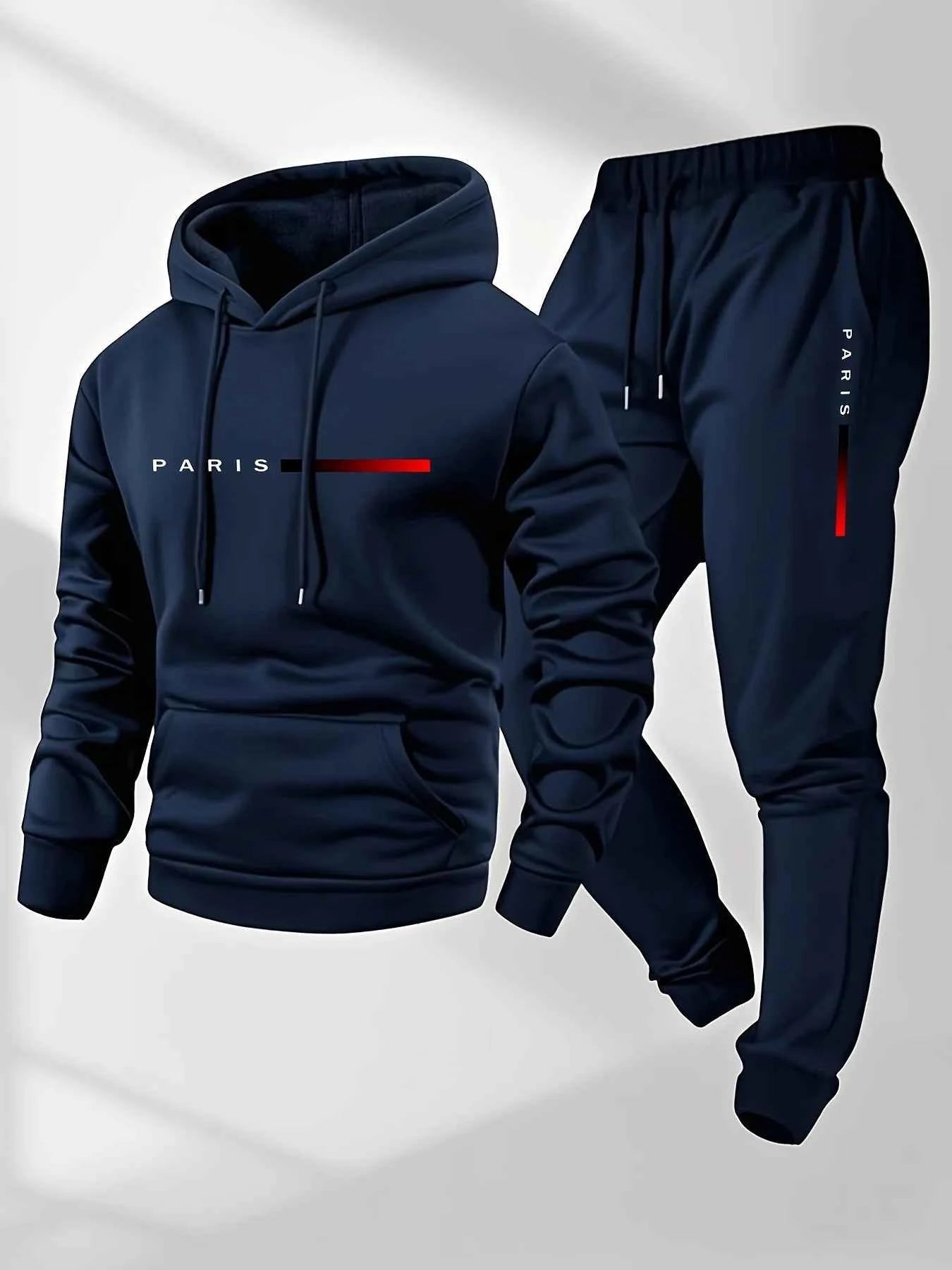 PARIS Letter Print Sweatshirt Suit Men's Fleece Hoodie Pants Set Spring Autumn Winter Warm Casual Sports Pullover Trousers Sets