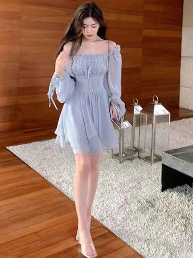 Dresses Women Solid Retro Long Sleeve Slash Neck Autumn Gentle Korean Style Streetwear All-match Lovely Comfortable Stylish Chic